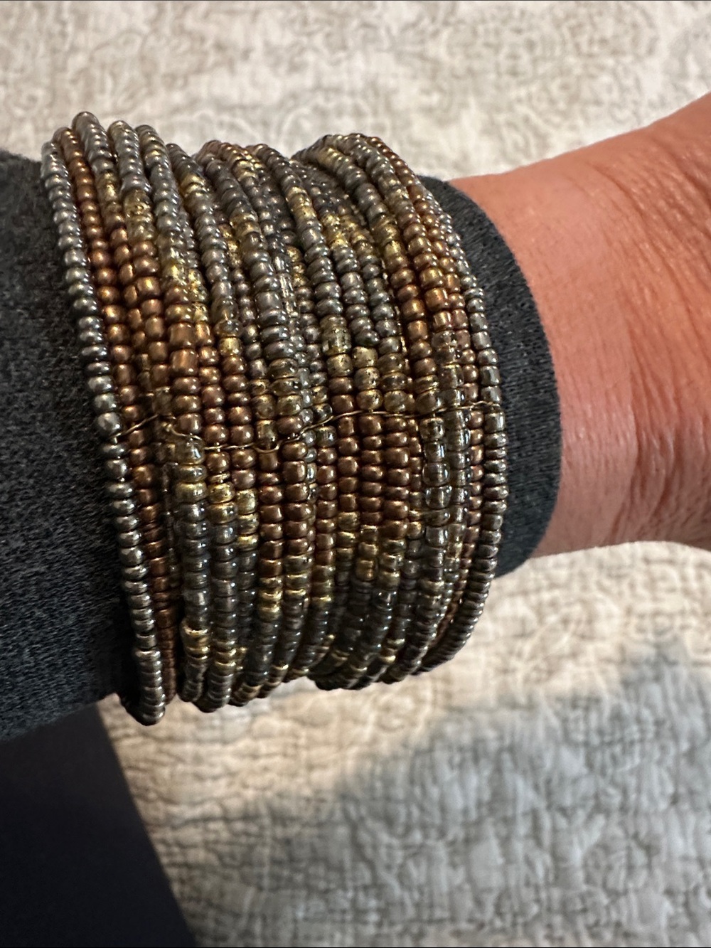 Handmade Mixed Metal Seed Bead Wrap Bracelet - Brown & Silver
